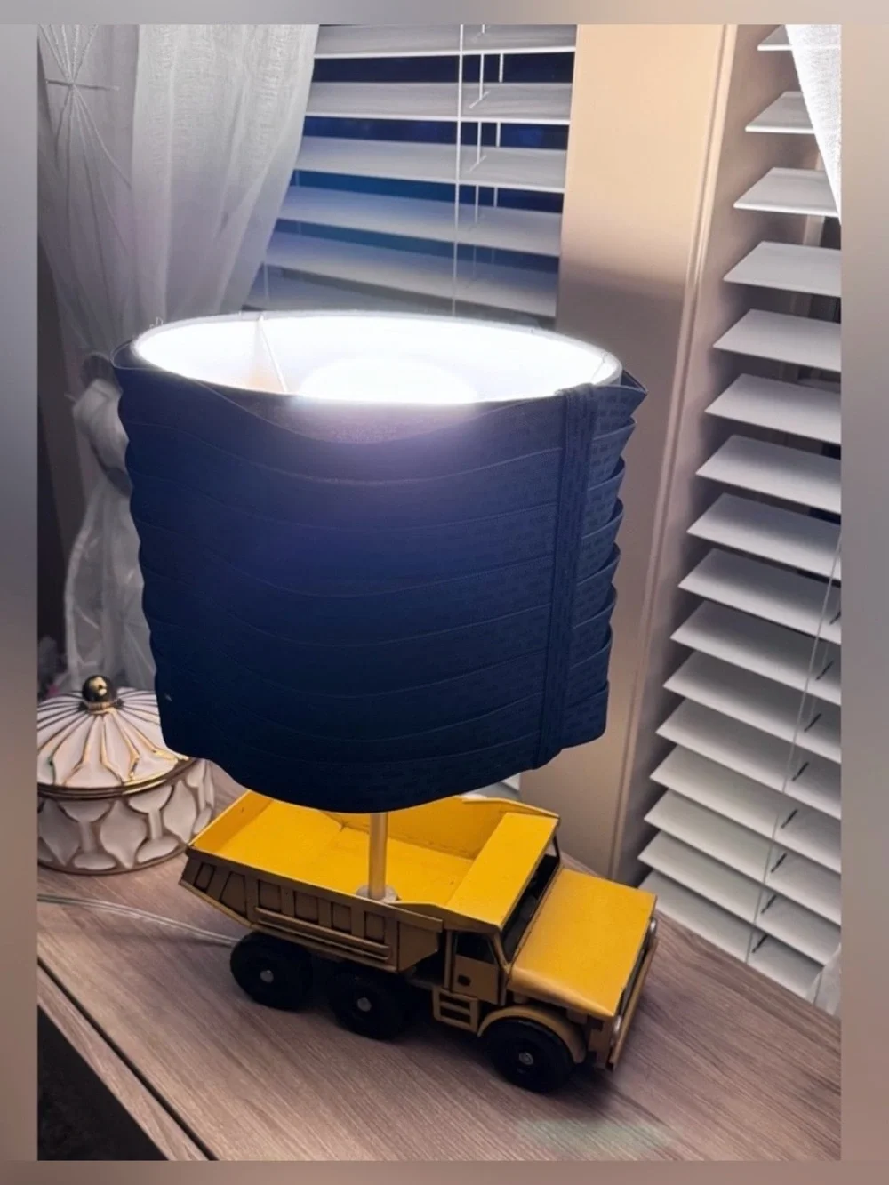 Pottery Barn Kids Yellow Dump Truck Lamp with Navy Blue Shade